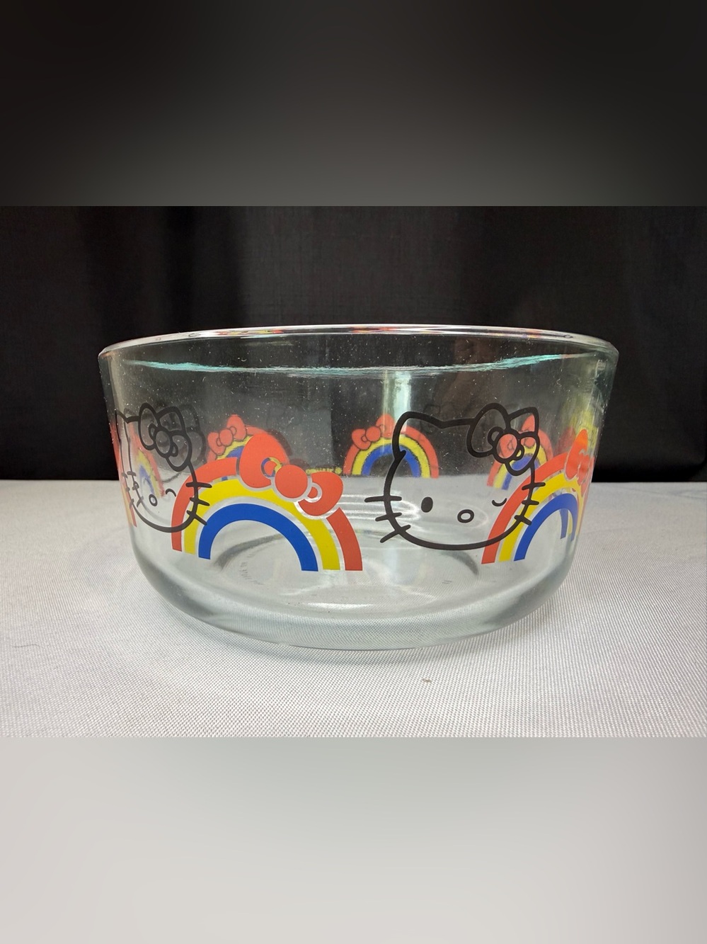 Hello Kitty Glass Pyrex Bowl with Rainbow and Red Bow Accents 6” Diameter